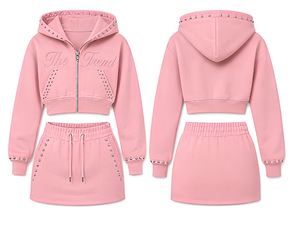 Wholesale Winter Eco-Friendly <b>Pink</b> Hooded <b>Tracksuit</b> Set Women Casual Zipper Front Sweatshirt Rhinestone Details Full Sleeve Knee - Product Image 5