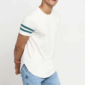 Camiseta blanca de manga corta para hombre de buena calidad con rayas verdes, corte regular, cuello redondo, informal, de algodón. - Product Image 2