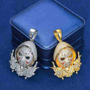 Colgante con diseño de máscara de Jason, con incrustaciones de diamantes de moissanita VSS, personalizado, de plata 925, estilo bling, regalo de Halloween para él, joyería hip hop - Product Image 1
