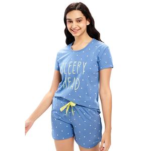 Nuevo Conjunto de Verano para Mujer, Dos Piezas, Azul, Algodón Transpirable, Informal, Camiseta con Estampado Gráfico de Dormilona, Pantalones Cortos, Tela Personalizada - Product Image 4