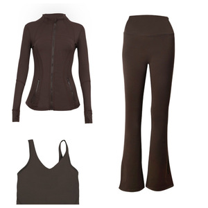 Original Brand Three-Piece Sports Set Flared Pants U-<b>Back</b> Bra Solid Pattern Fitness Yoga Gear Breathable Elastic Waist Front - Product Image 3