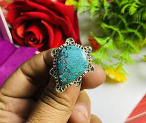 Krittika Jewelers Bague de fiançailles et de mariage unisexe en argent sterling 925 avec pierre précieuse turquoise taille poire, sertissage clos classique, pour les occasions spéciales - Product Image 3