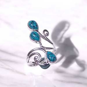 Bague en argent sterling 925 classique avec 3 pierres taillées en poire, grande et massive, en turquoise et améthyste naturelles, prix de gros, bijoux - Product Image 3