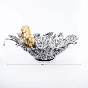 Luxury <b>Metal</b> Decorative <b>Bowl</b> with Golden Panther and Leaf Pattern 36.5cm Modern Handmade Artisan Design - Product Image 2