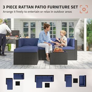 Set di mobili da giardino in vimini da 3 pezzi con cuscini e tavolo con piano in vetro blu navy - Product Image 3