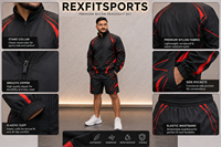 REXFIT SPORTS 2026 Ensemble de survêtement personnalisé pour homme en nylon rouge et noir de qualité supérieure, veste coupe-vent et short, vêtements de sport, survêtement en nylon