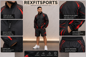 REXFIT SPORTS 2026 Ensemble de survêtement personnalisé pour homme en nylon rouge et noir de qualité supérieure, veste coupe-vent et short, vêtements de sport, survêtement en nylon - Product Image 4