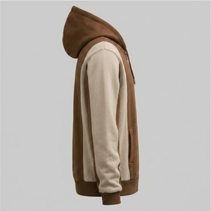 Sweat à capuche zippé en molleton à empiècements, coupé et cousu sur mesure |   Sweat à capuche pour homme en tissu épais marron et beige - Product Image 4