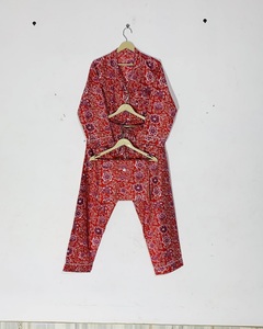 Conjunto de Pijama de Algodón Estampado a Mano para Mujer, Ropa de Dormir con Estampado Floral, Cuello Camisero, Conjunto de Tres Piezas - Product Image 5