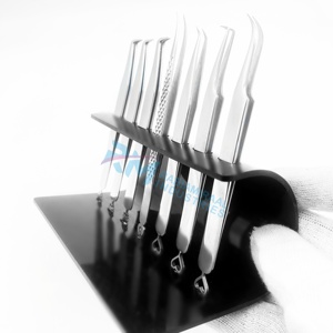 RMI Silver Shin Eyelash Tweezer Diamond And Plan Grip With Black Acrylic 5 Pcs Tweezer Hold Stand Customized Bottom Design - Product Image 4