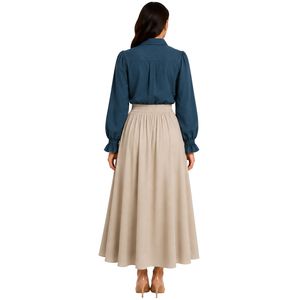 Conjunto de Blusa Bordada y Falda Maxi Azul Pacífico y Lino para Mujer, Manga Larga, Cierre de Botones, Cintura Alta, Dos Piezas, Estilo Modesto, OEM - Product Image 2