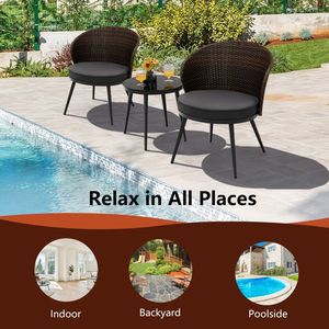 Conjunto de Bistro de Ratán para Patio de 3 Piezas con 2 Cojines y Mesa con Superficie de Vidrio Templado, Muebles de Jardín - Product Image 2
