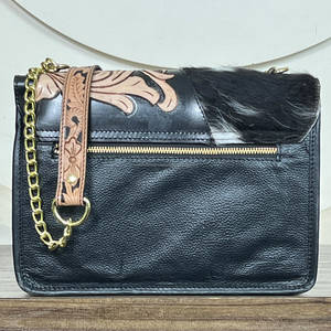 Wholesale Handmade Genuine Leather Black & White Hair On Cowhide Crossbody Bag with Hand Tooled Floral Design Messenger Bags - Product Image 5