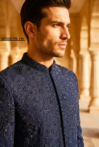 Sherwani Azul Indo Occidental para Hombre, Ropa Formal con Bordado Floral a Mano, Traje para Boda o Fiesta - Product Image 2