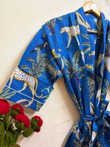 Bata Kimono de Algodón con Estampado Floral para Mujer, Ligera, Cuello en V, Cierre con Cordón, Largo hasta el Tobillo, Manga 3/4, Transpirable, de Lujo - Product Image 2