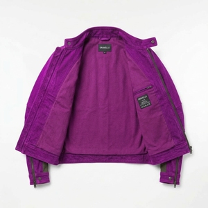 Chaqueta de Motociclista para Hombre de Lona Vaquera Lavada Morada con Cremallera Descentrada, Estilo Urbano Táctico, Abrigo Exterior Personalizado para Motociclista - Product Image 5