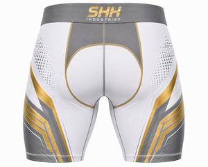 Custom Men Compression Shorts White Gold Sports Base Layer Gym Running Fitness Training Tights OEM Private Label Manufacturer - Product Image 2