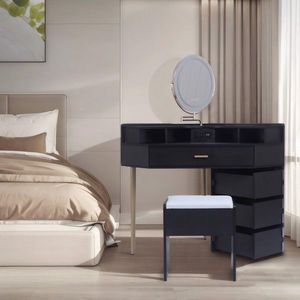 Ensemble de table de maquillage noire avec tabouret, miroir éclairé tricolore amovible, quatre tiroirs avec prises - Product Image 4