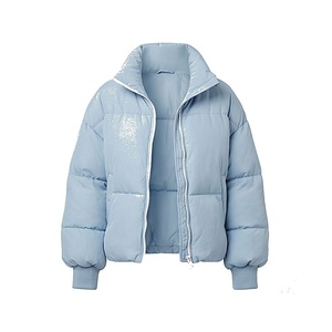 Light Blue Quilted Puffer Jacket Full Sleeve Stand Collar Windproof Winter Thick Polyester Wadding Short Length - Product Image 1