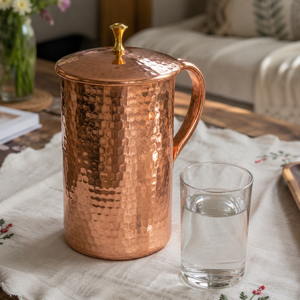 Hammered Pure Copper Water Pitcher with Lid 1.5L Handcrafted Copper Water <b>Jug</b> Ayurvedic <b>Drinking</b> Pitcher Kitchen Home Hotel Gift - Product Image 3