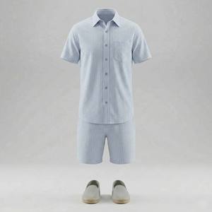 Ensemble coordonné d'été personnalisé pour homme en seersucker, chemise à manches courtes rayée bleu clair et short, ensemble 2 pièces respirant pour la plage - Product Image 1