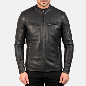 <b>Real</b> <b>Leather</b> Sheepskin Aniline Zipper Gatsby Black Men Biker <b>Jacket</b> with Quilted Black Lining and Inside Outside Pockets - Product Image 1
