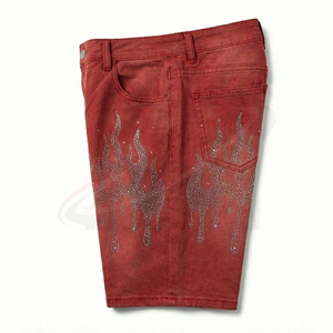 Men's Red Denim Shorts With Rhinestone Flame Design Mid Waist Casual Summer Style Woven Cotton Straight Leg - Product Image 2