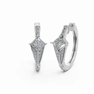 Pendientes de Diamantes Brillantes en Corte Redondo y Princesa, Pendientes de Diamantes en Oro Blanco de 18K para Exportación al por Mayor - Product Image 3