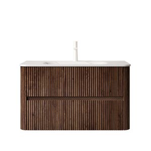 Mueble de Baño Flotante NOOR de 36 Pulgadas con Rayas, de Madera Contrachapada, con 2 Cajones, Piedra Sinterizada Blanca Carrara, Gran Venta, Marca NOOR - Product Image 3