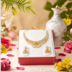 Conjunto de Collar Geométrico de Diseño 11058727GL con Imitación de Diamantes Americanos, Perlas de Circonio y Baño de Oro para Bodas - Product Image 2