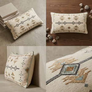 Coussin décoratif à motifs géométriques vert grisâtre, terre cuite et crème, brodé, pour fauteuil de salon. 50x35 CM - Product Image 6