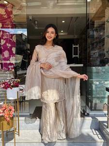 Conjunto Salwar Beige Bordado para Mujer, Traje Indio-Pakistaní con Estampado en Serigrafía y Dupatta para Fiesta o Boda - Product Image 4