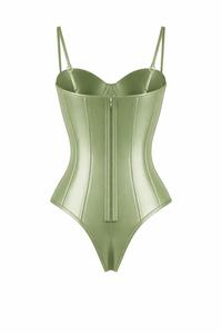 Womens Olibe Green Fauz Leather One Piece Corset Bodysuit with Underwire Full Cup and <b>Adjustable</b> <b>Strap</b> - Product Image 3