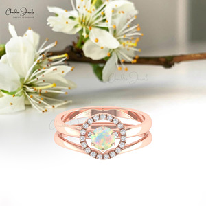 Ethiopian Opal 5mm Round Cut Gemstone with Pave <b>Set</b> Diamond Accent <b>Ring</b> in 14k Solid <b>Gold</b> Stackable Fine Jewelry For Women - Product Image 2