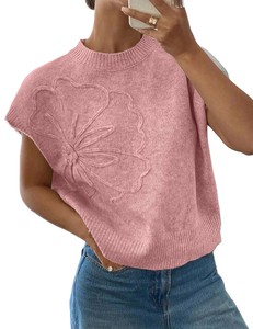 Top Corto de Punto Rosa sin Mangas con Bordado Floral, Cuello Redondo, Informal, Unisex, para Primavera - Product Image 6