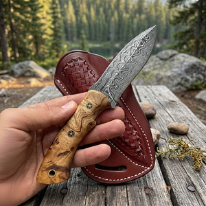 Cuchillo Bowie de Acero de Damasco Hecho a Mano, Punta Caída, Mango de Madera, Cuchillo de Caza, Hoja de 10 cm de Longitud - Product Image 5