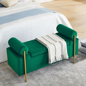 Elegante Panca Contenitore in Velluto Verde con Gambe in Ferro e Braccioli Cilindrici per Ingresso, Soggiorno e Camera da Letto - Product Image 4