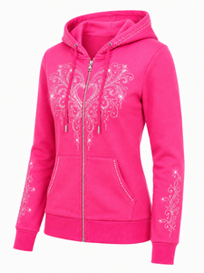 Sudadera con capucha de mujer con pedrería, brillante, con cristales, forrada, antiencogimiento, de manga larga, informal, suave y cálida, con bolsillo canguro - Product Image 4