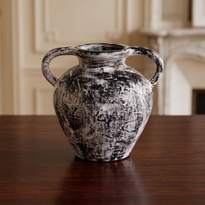 Home Basket Bali Antique Stone Look Handmade <b>Ceramic</b> <b>Vase</b> with Handles Rustic Weathered Tabletop for Home Decor - Product Image 2