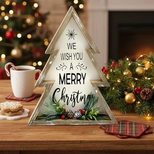 Merry Christmas <b>Tree</b> Pinecone Christmas Decorations Rustic Wooden Block for Home Farmhouse <b>Tabletop</b> Party Tableware Decorations - Product Image 1