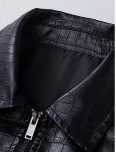 Chaqueta de Cuero PU Negra para Hombre, Estilo Motero, Cuello Camisero, Cierre de Cremallera, Patrón de Cocodrilo Repujado, Ropa de Abrigo para Otoño - Product Image 3