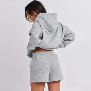 Ensemble décontracté pour femme : sweat à capuche et short, motif uni, respirant, léger, en polaire écologique, fermeture éclair rapide - Product Image 3