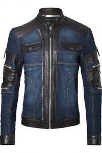 Veste en jean pour homme, col montant en cuir, fermeture éclair, style décontracté automne, tissu bleu délavé - Product Image 3