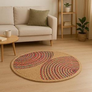 Tapis rond en jute fait main de qualité export |   Design tressé multicolore |   Fabricant indien, approvisionnement en gros - Product Image 1