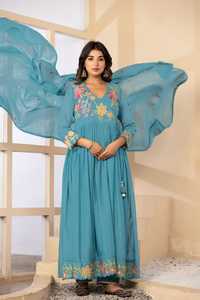 Premium Mul Cotton Angrakha Suit Set for <b>Women</b> Sky Blue Floral Embroidered Anarkali <b>Kurta</b> with Dupatta Ethnic Wear - Product Image 2