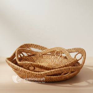 ชุดถาดเสิร์ฟครัวทรงกลมหวายพร้อมหูหิ้วแบบวงแหวน ตกแต่งอย่างสวยงาม ผลิตด้วยมืออย่างยั่งยืน สไตล์โบฮีเมียน สำหรับใส่ขนมปัง ผลไม้ ตกแต่งบ้าน - Product Image 4