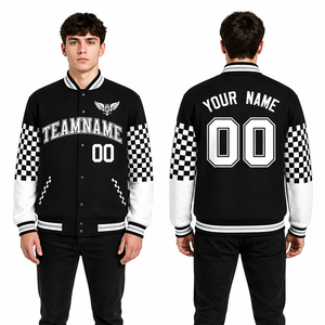 Custom Varsity <b>Jacket</b> <b>Men</b> Black <b>White</b> Checkered Sleeve Baseball <b>Jacket</b> Personalized Team Name Logo Letterman <b>Jacket</b> Streetwear - Product Image 1
