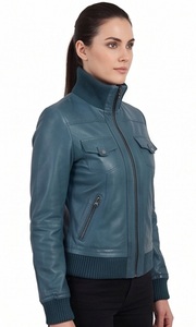 Chaqueta Bomber de Cuero Azul Turquesa para Mujer al por Mayor con Ribete de Punto Acanalado, Cuello Alto, Ecológica, Cortavientos, de Invierno, Estilo Aviador Personalizado - Product Image 2