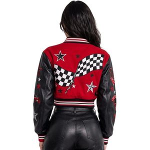 Blousons universitaires courts personnalisés avec patch damier rouge et noir, motifs de course, corps en laine et manches en cuir - Product Image 2