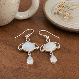 Natural Double Rainbow Moonstone <b>Dangle</b> <b>Earrings</b> Rose Gold Plated Luxury Artisan Boho Gemstone Drop <b>Earrings</b> Pure 925 Sterling - Product Image 6